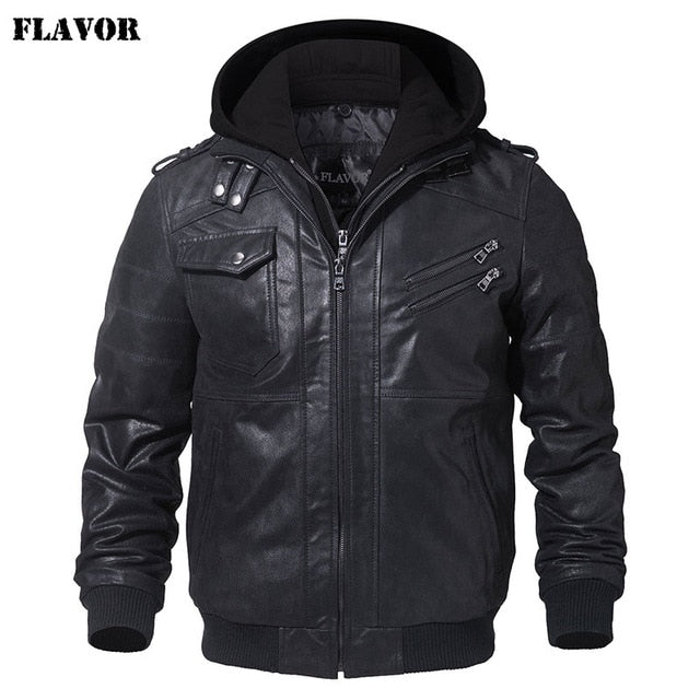 Men's Real Leather Jacket Men Motorcycle Removable Hood winter