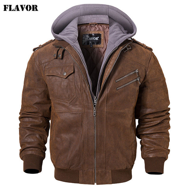 Men's Real Leather Jacket Men Motorcycle Removable Hood winter