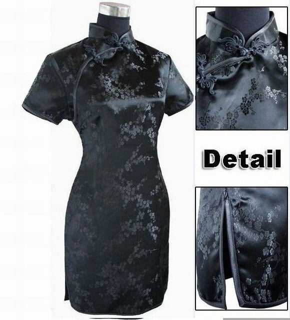 Black Traditional Chinese Dress Mujer Vestido Women's Satin Qipao Mini Cheongsam Flower Size S M L XL XXL XXXL 4XL 5XL 6XL J4039